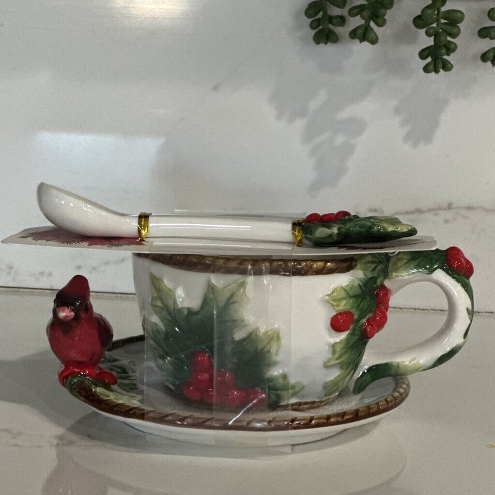 Corner Ruby CR Teacup & Saucer, Spoon Set Holiday Collection - Holly & Cardinal